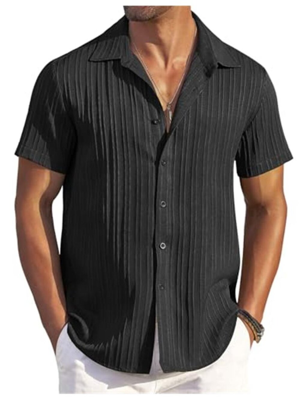 Mens Black Short Sleeve Button Down Beach Shirt Textured Relaxed Summer Top
